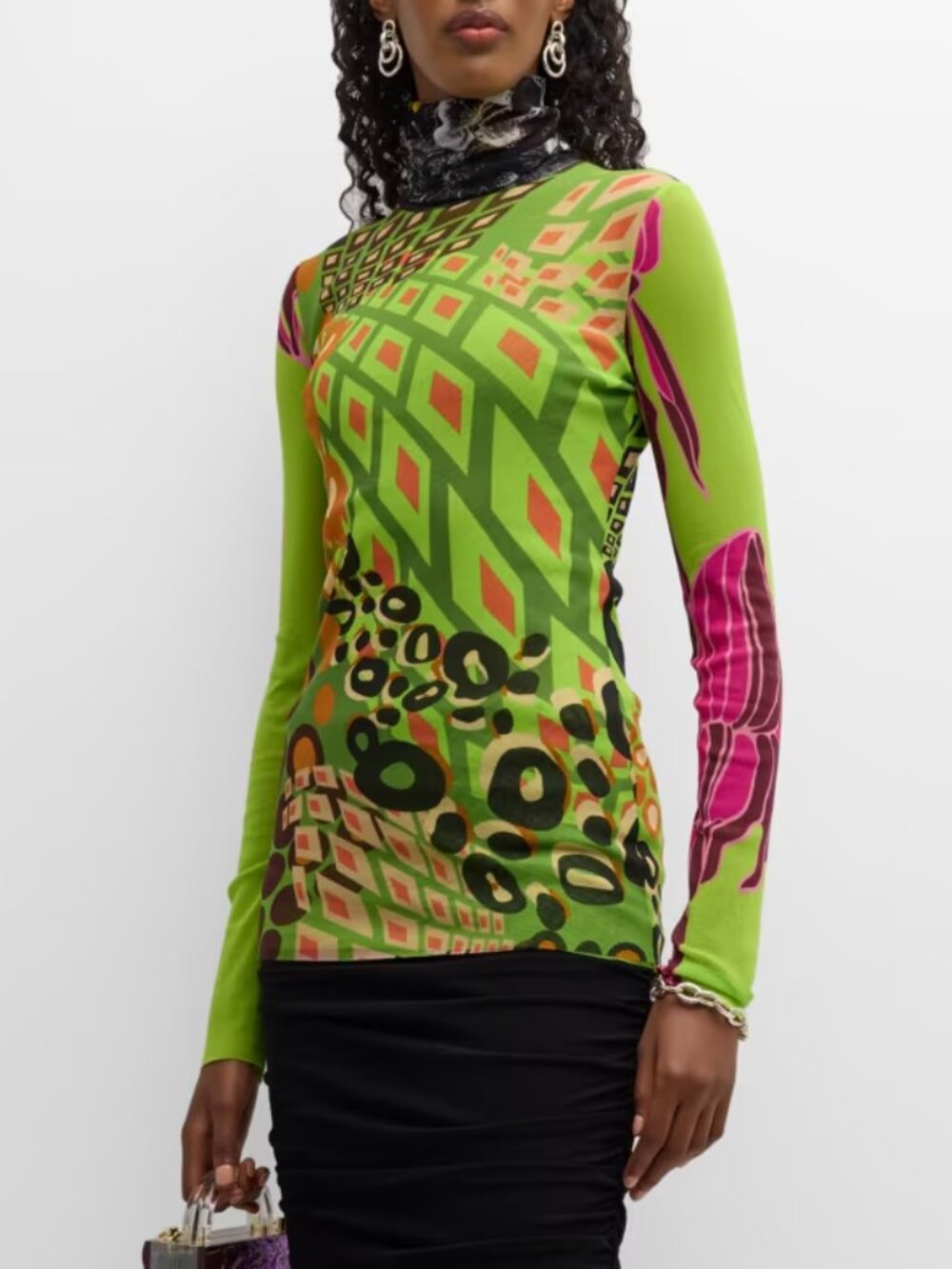 FUZZI Abstract Turtleneck Tulle Shirt Gaultier Top Mixed print mesh & Fabulous!